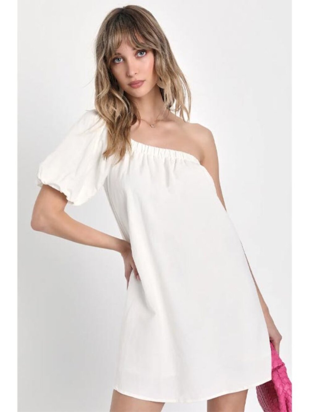 Cutest Energy White Linen One-Shoulder Shift Dress Pockets, NWT - Women's Medium